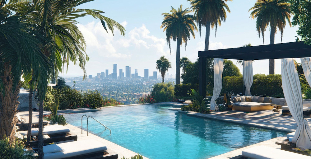Luxury pool overlooking city skyline