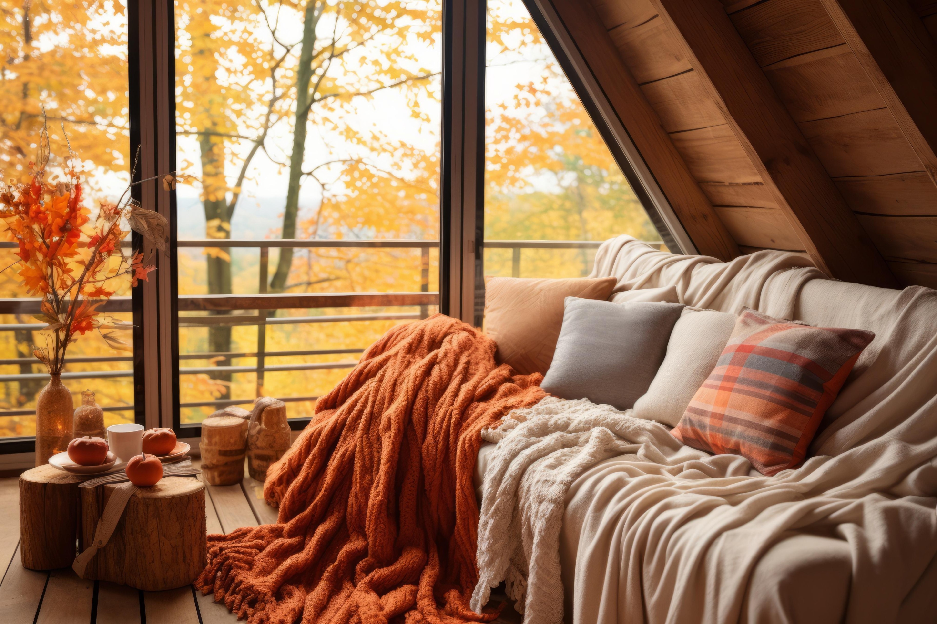 Couch with different blankets and pillows. 