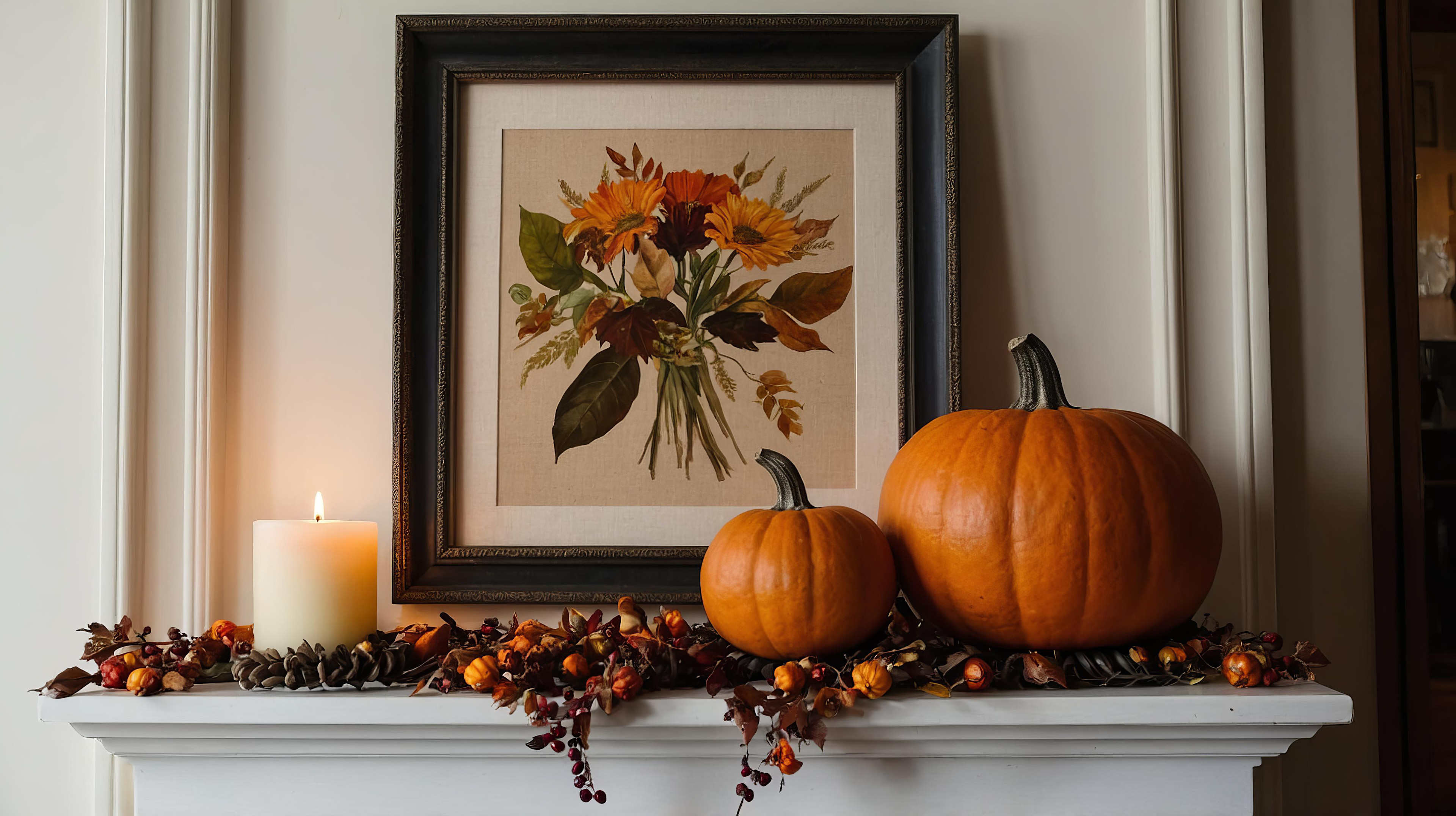 Fireplace with pumpkins and candles.