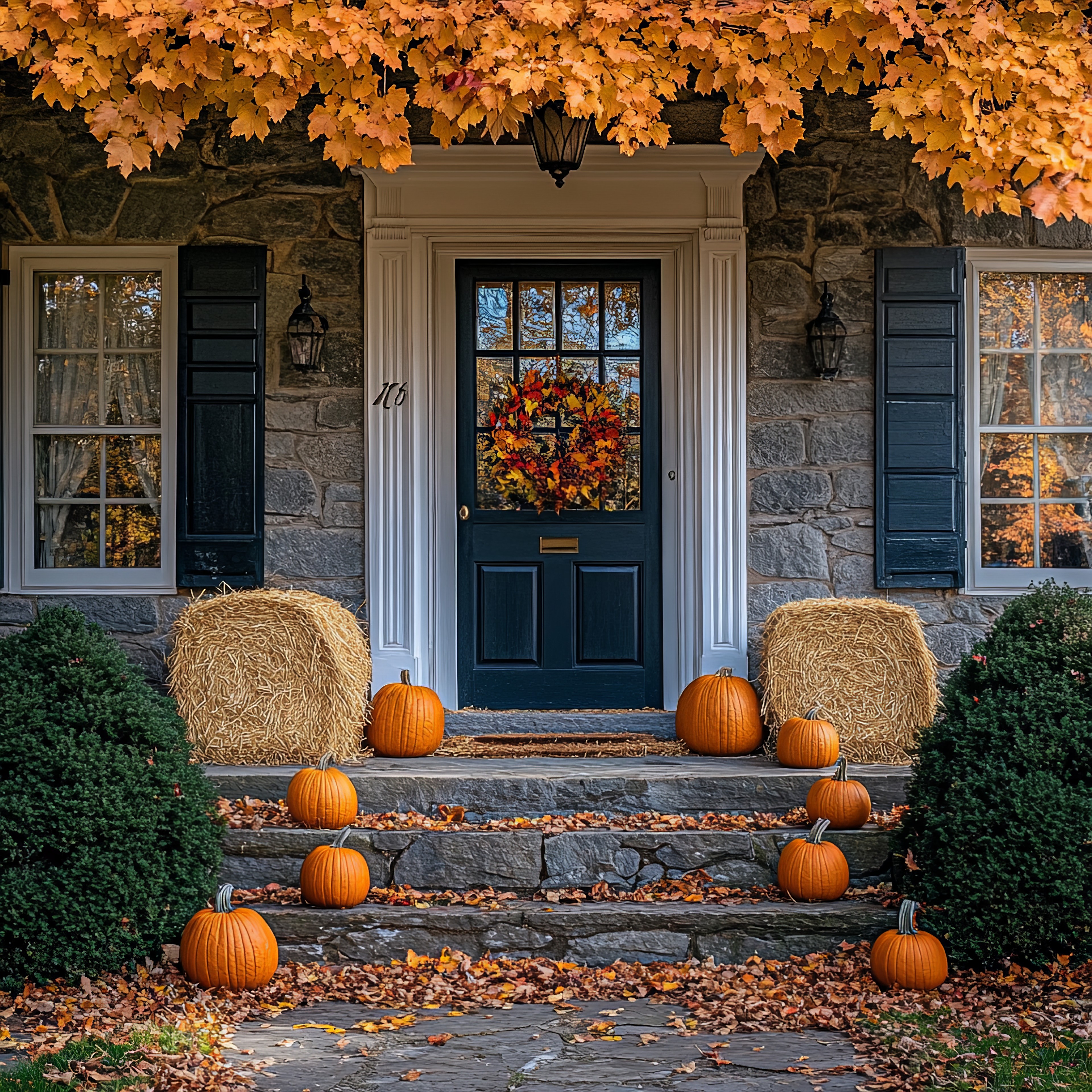 Entry to home with pumpkins and green door. 