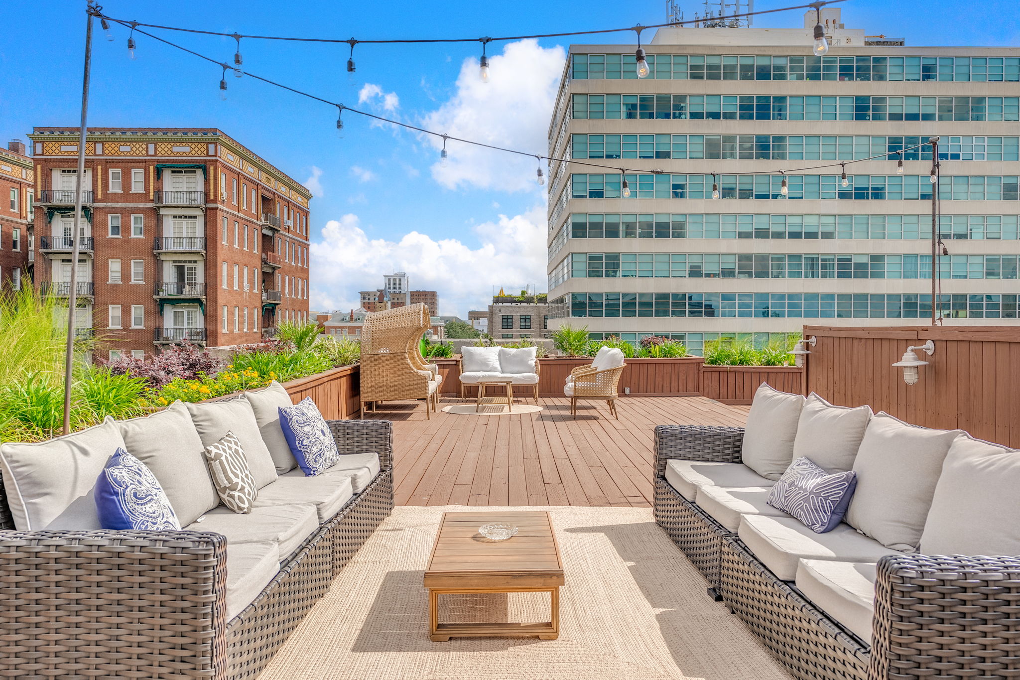 Rooftop in Savannah Georgia with city views. 