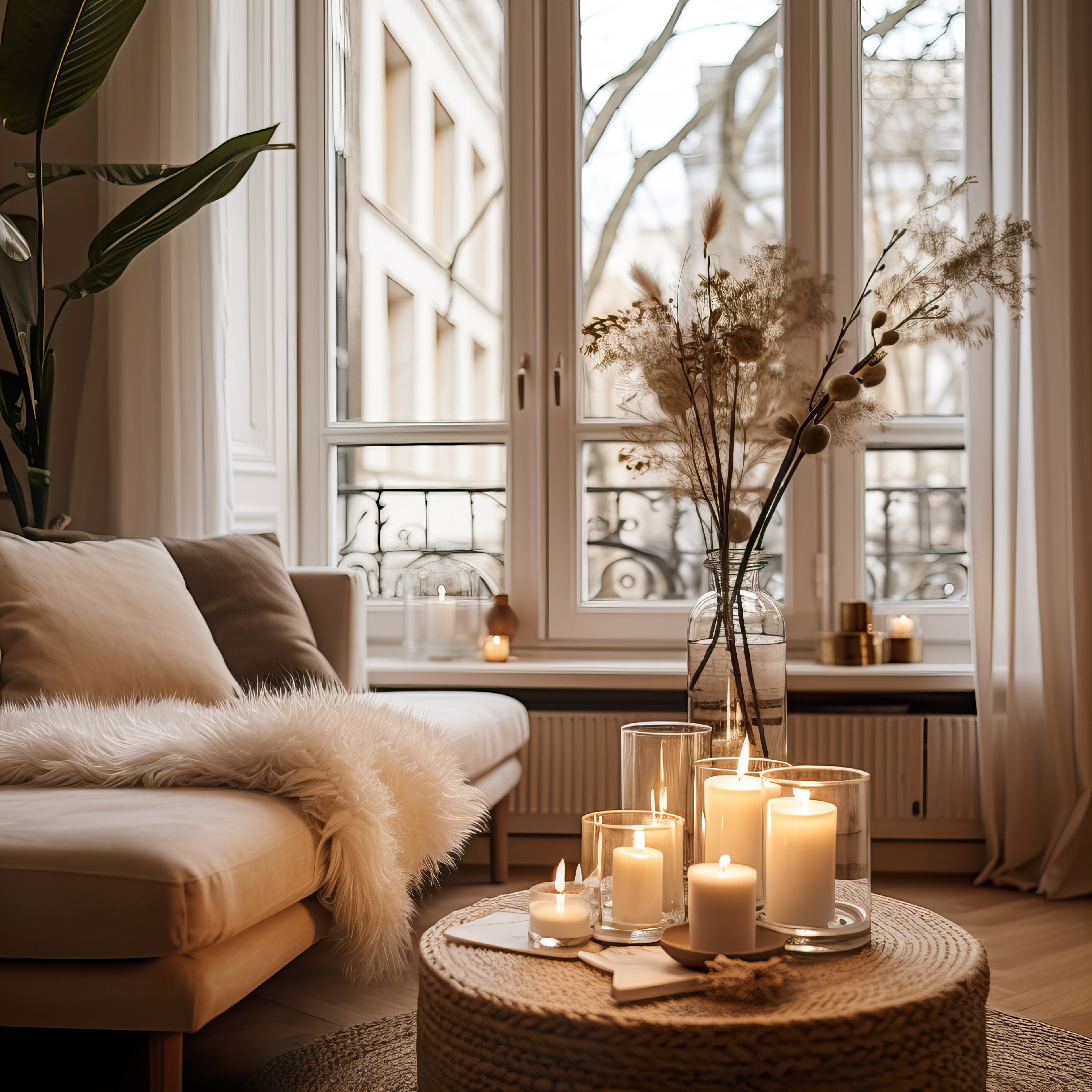 Luxury living room with candles.