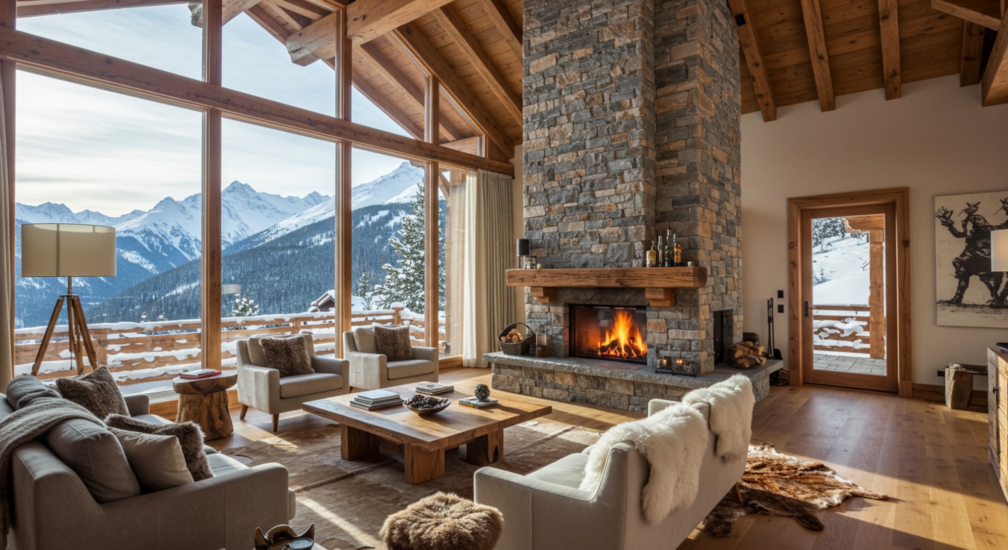 Luxury ski chalet interior design with fireplace and heavy blankets 