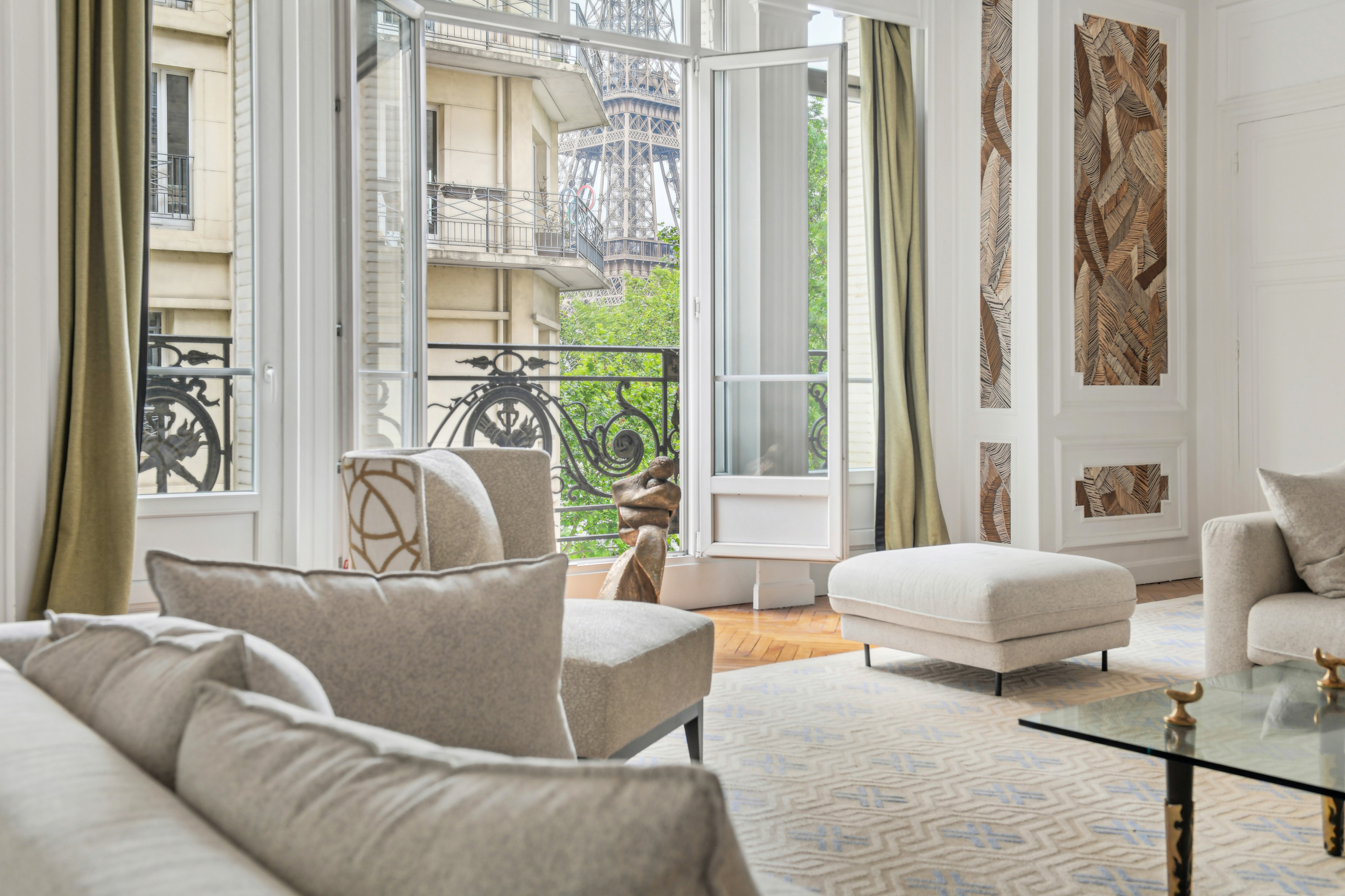 French doors with Eiffel Tower view.