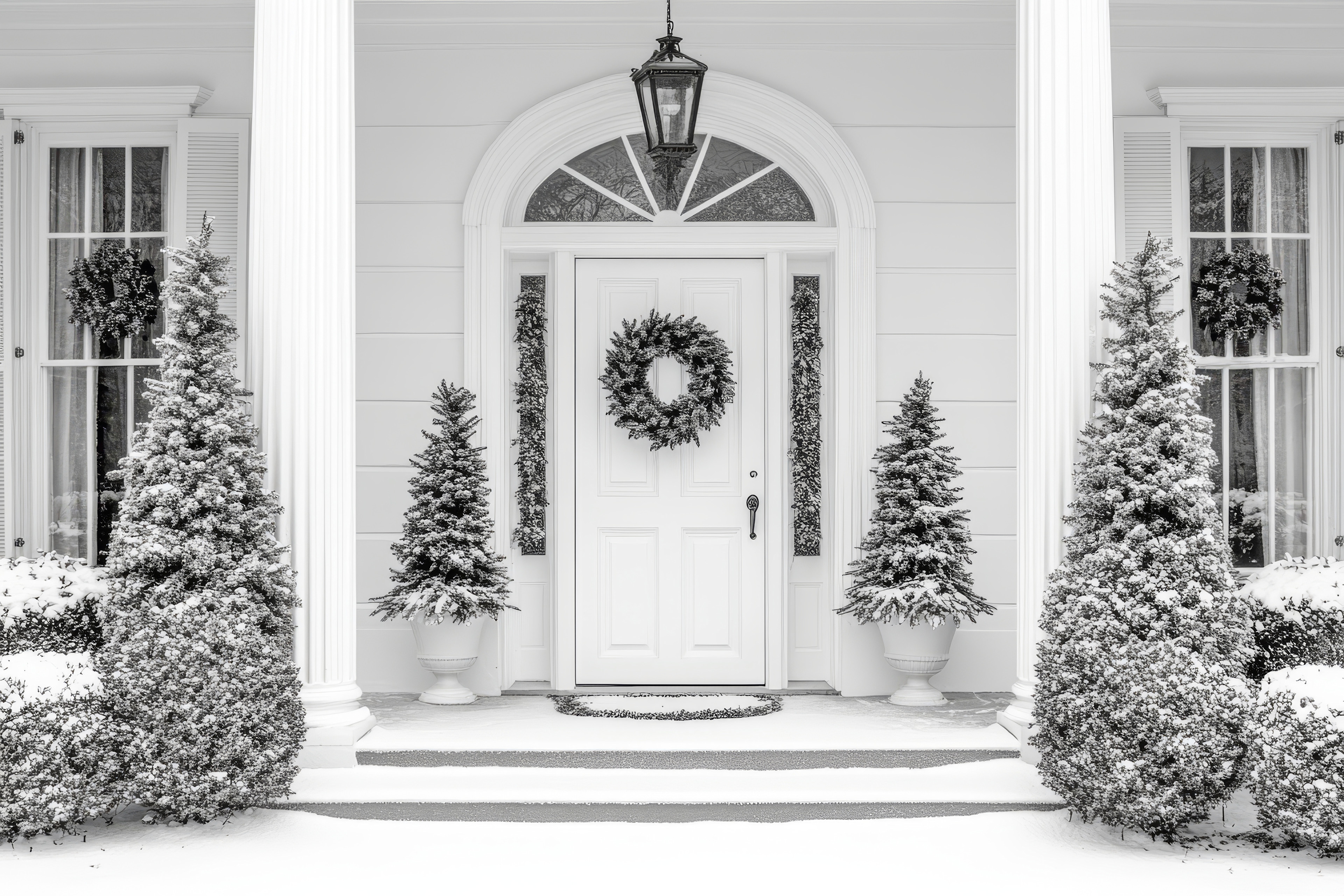 Festive front door with wreath and decorations in a snowy winter landscape