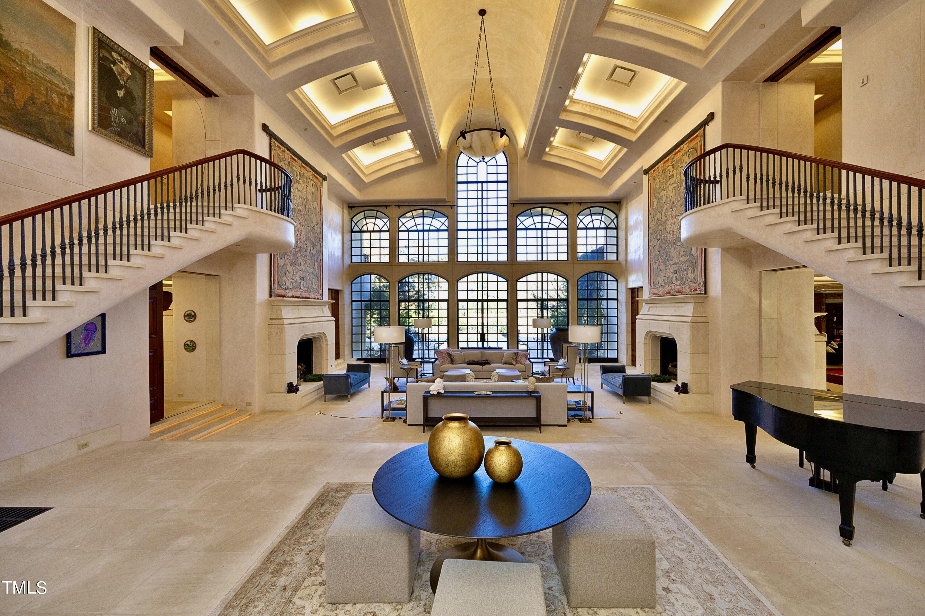 Inside of luxury mansion with french windows.