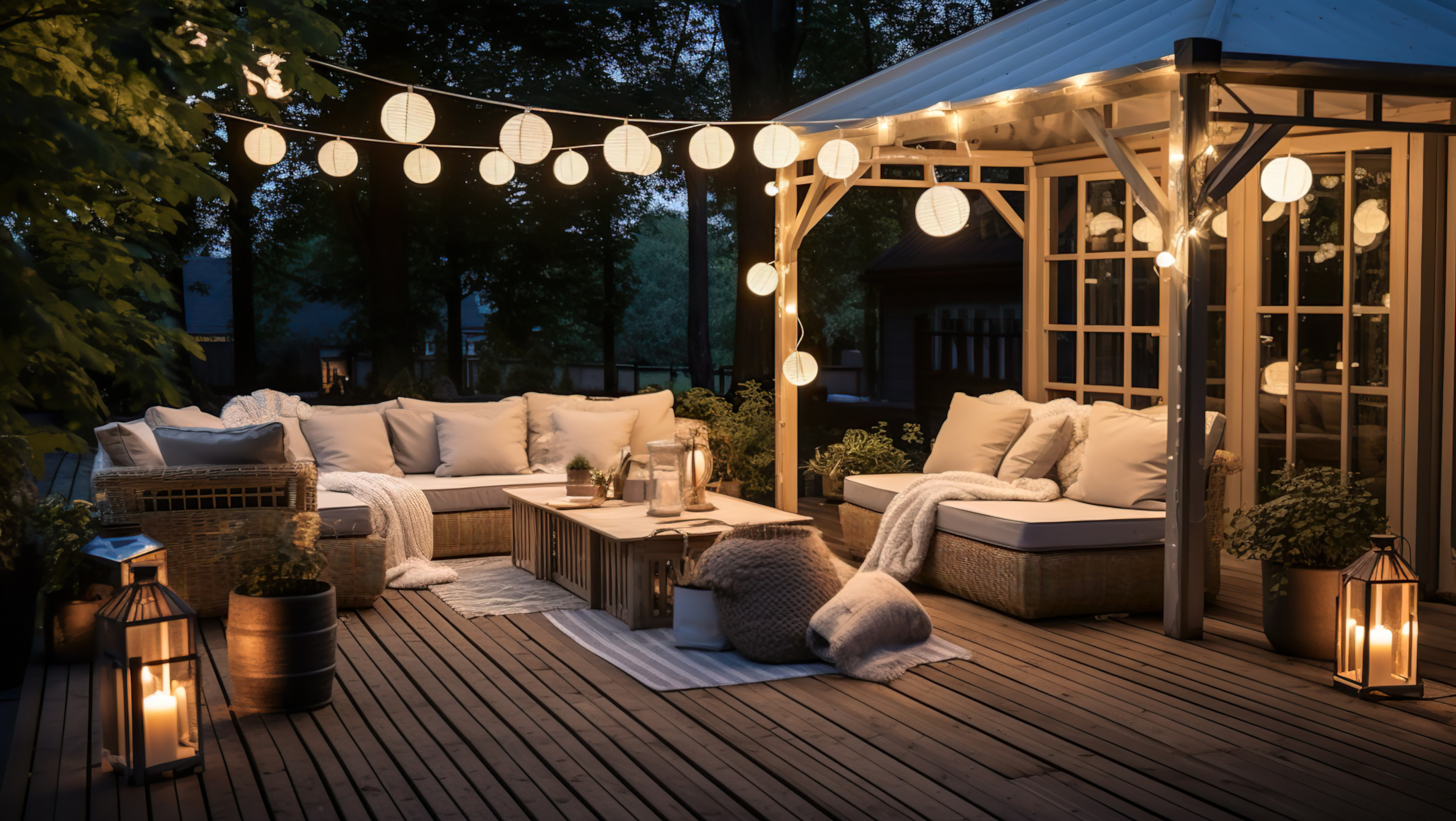 Outdoor patio with lanterns and lights. 