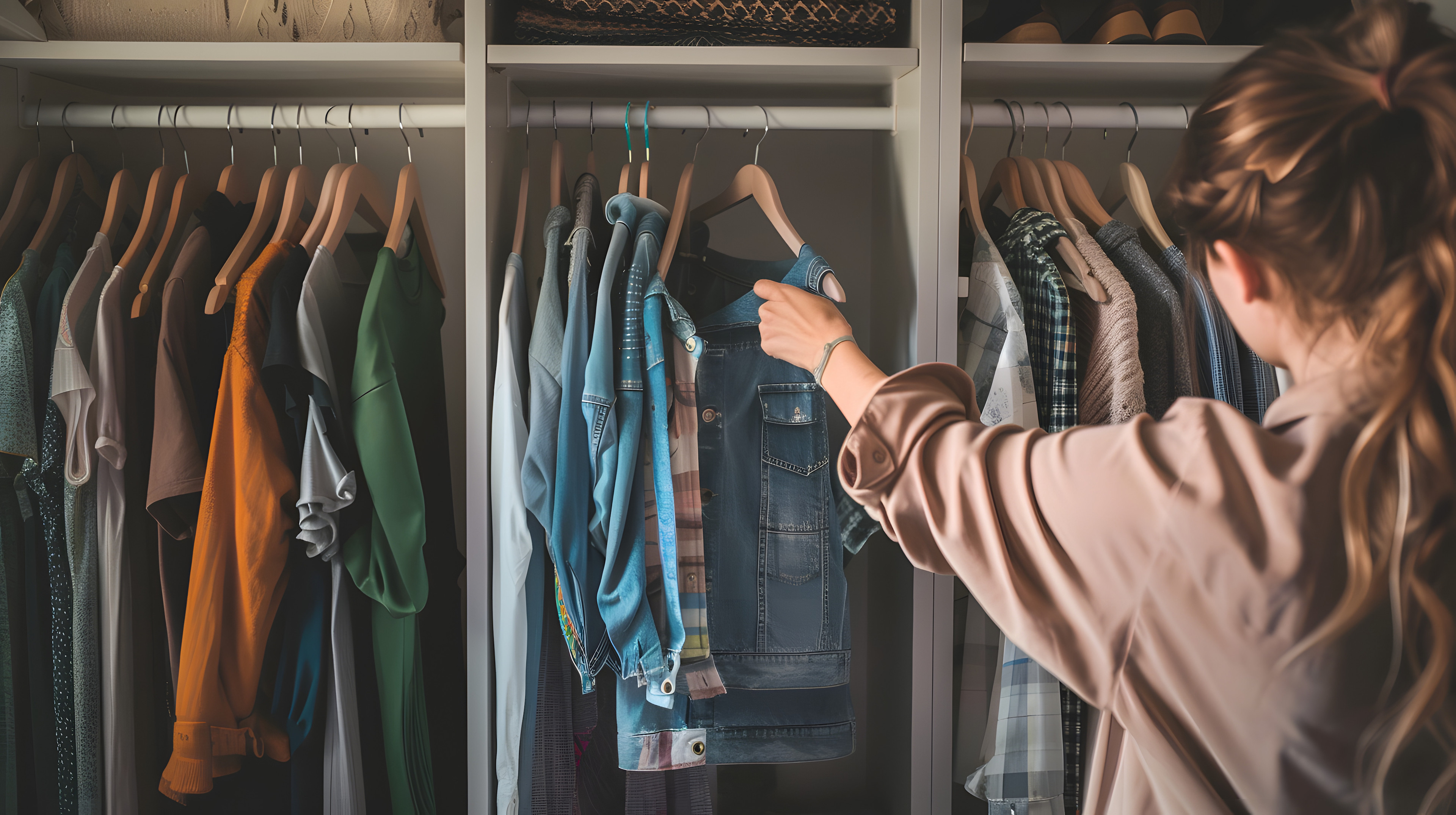 Amidst the spring cleaning frenzy, the woman focuses on decluttering her closet, sorting through her clothes with precision.
