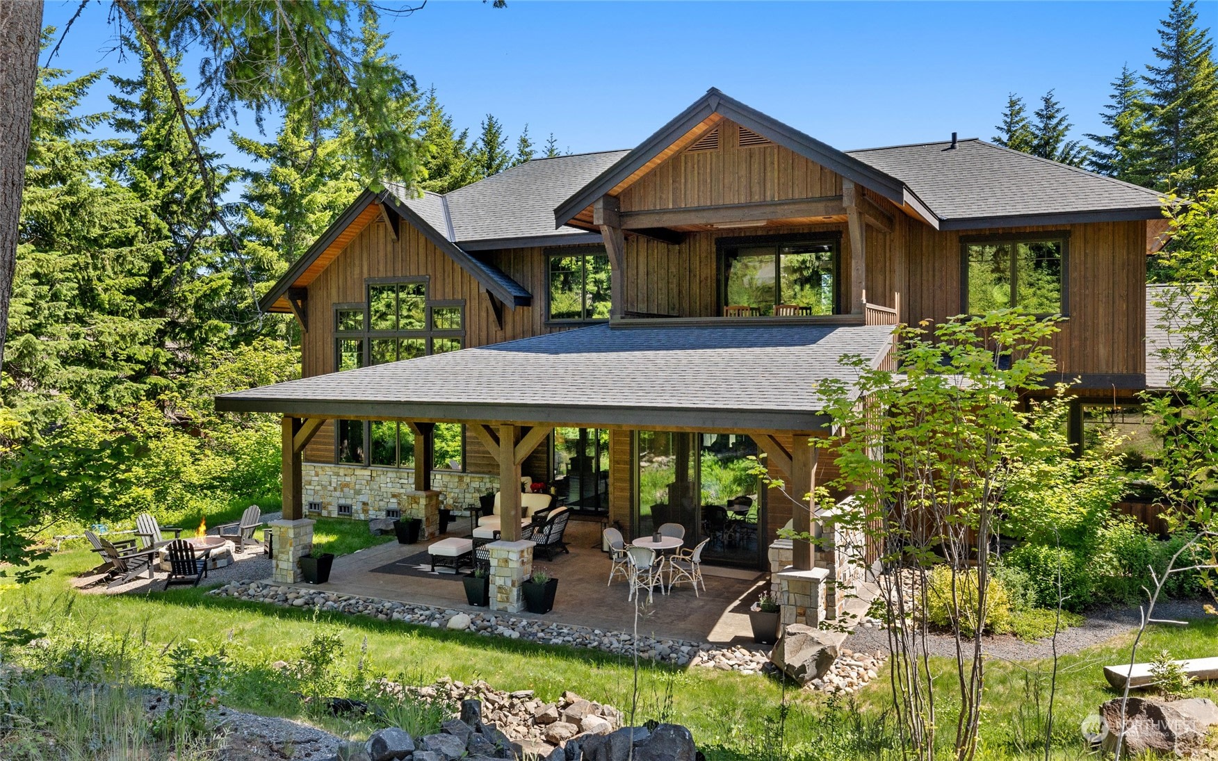 Luxury home made of wood with stone detailing 