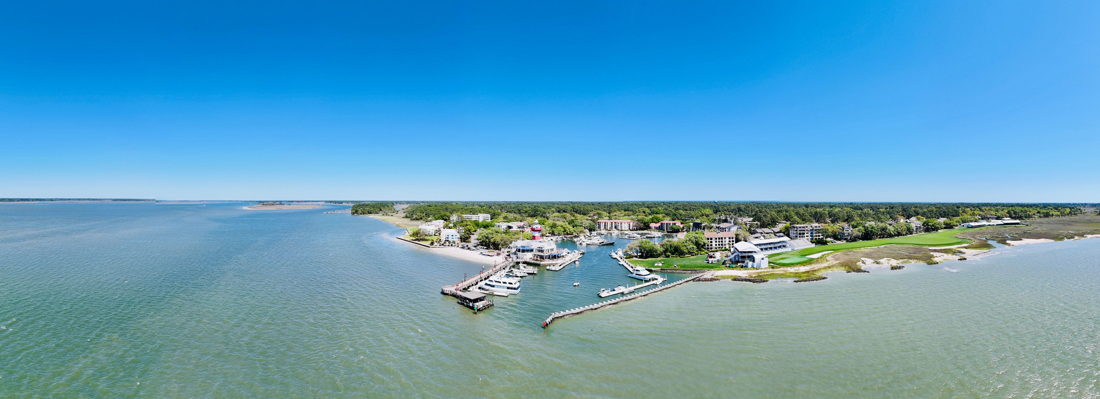 Views of Hilton Head Island coastline and dock.
