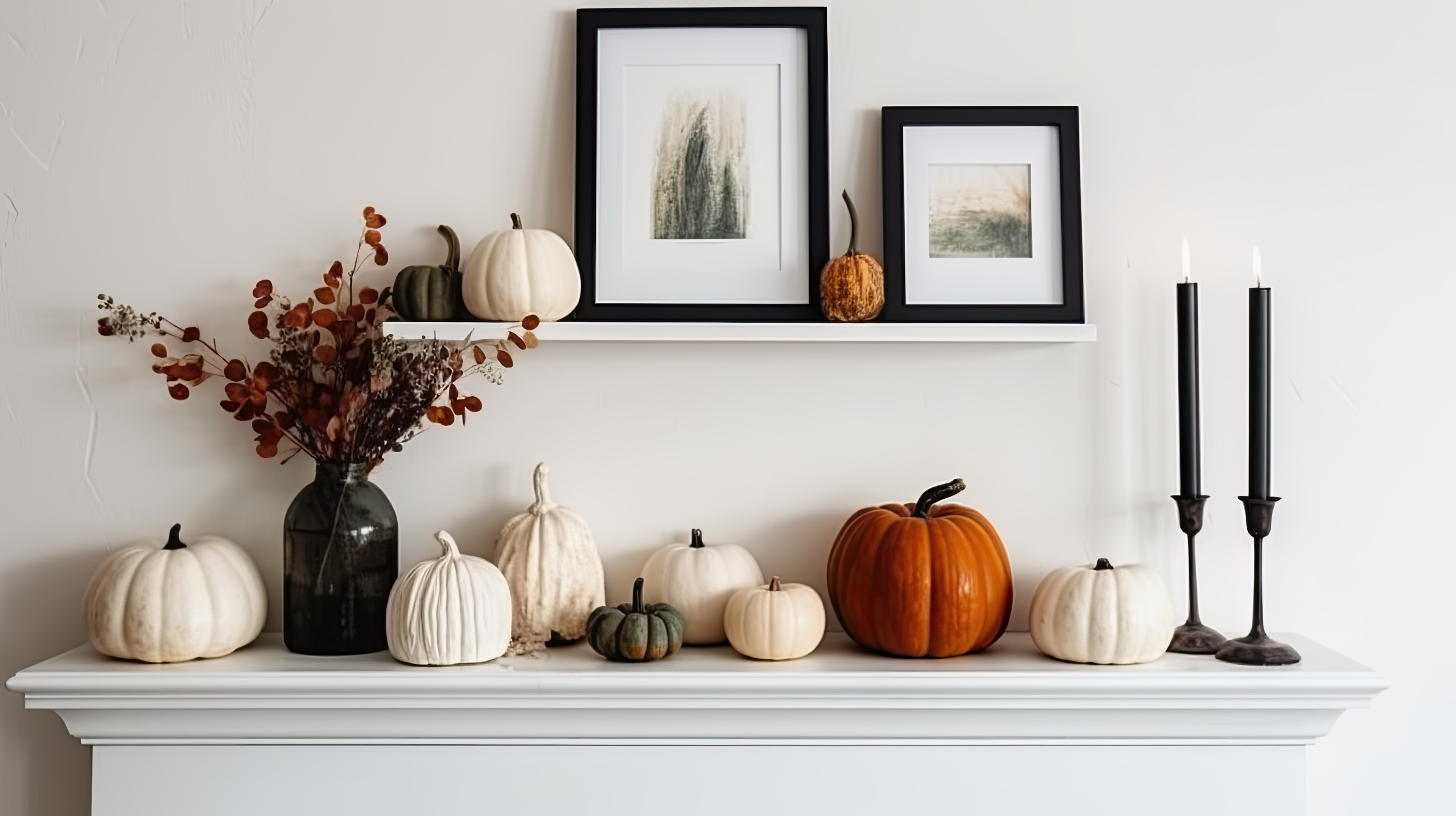 White fireplace with fall decor and pumpkins.