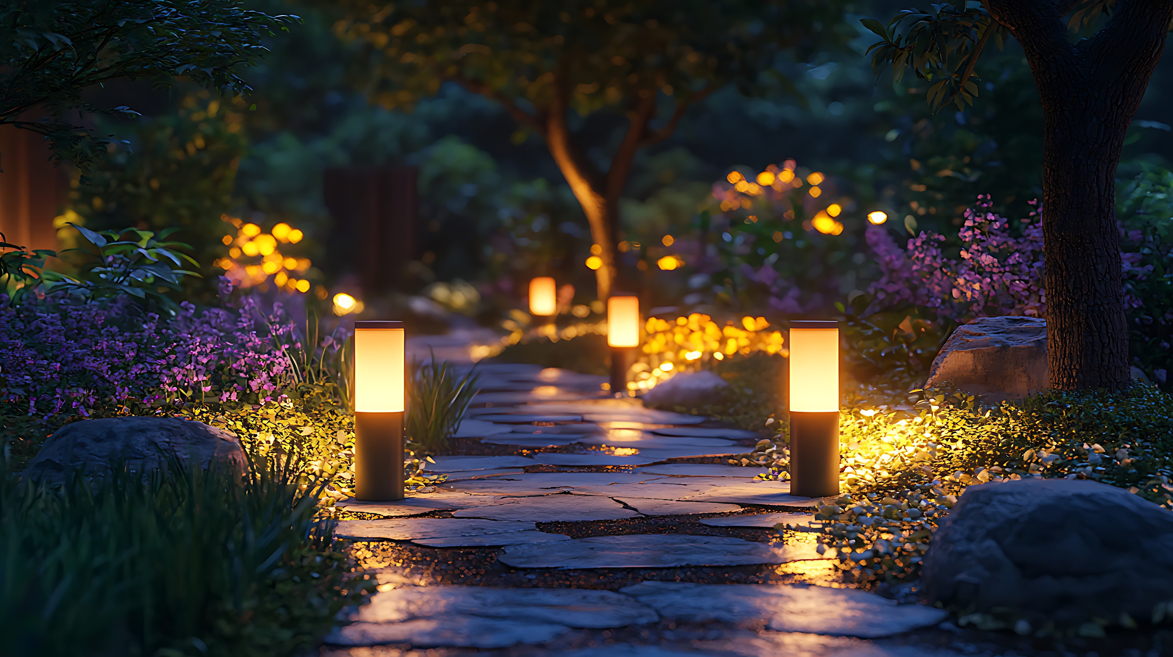 Lanterns in walkway with purple flowers