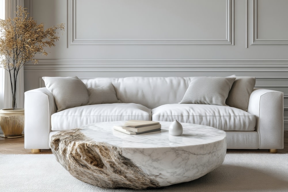 Marble stone coffee table positioned near a white sofa, creating a luxurious living room design. 3D rendering.