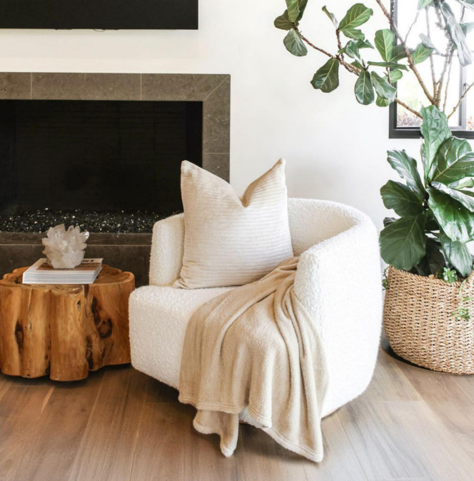 Cozy chair with throw blanket and pillow 