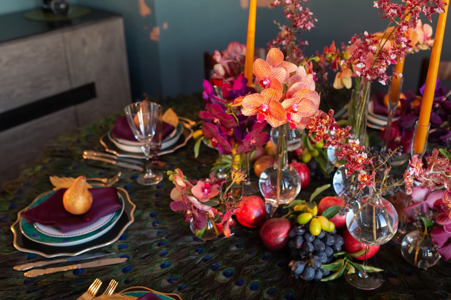 Close up on table spread, with colorful orchids