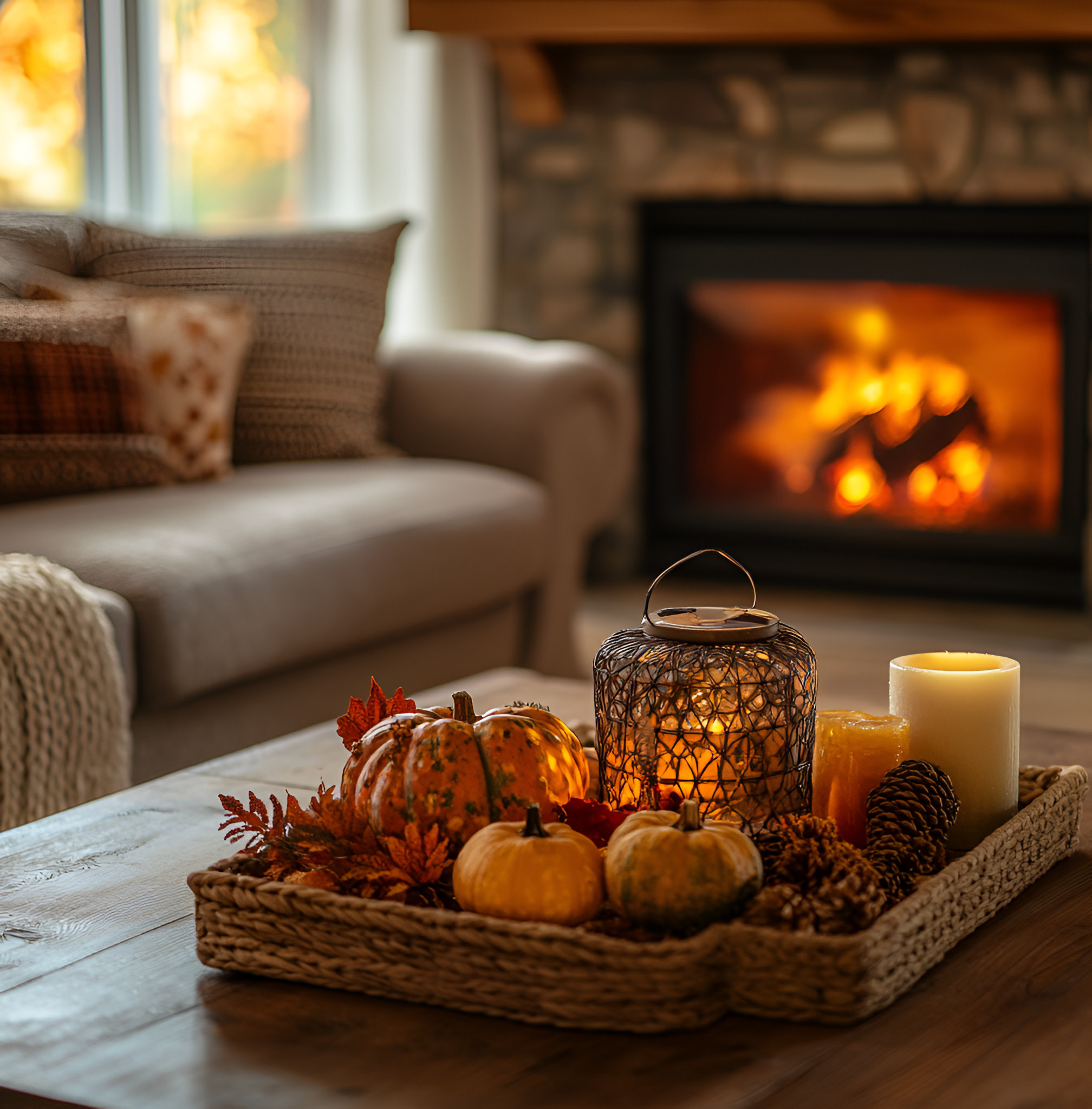 Fall decor with pinecones and pumpkins 