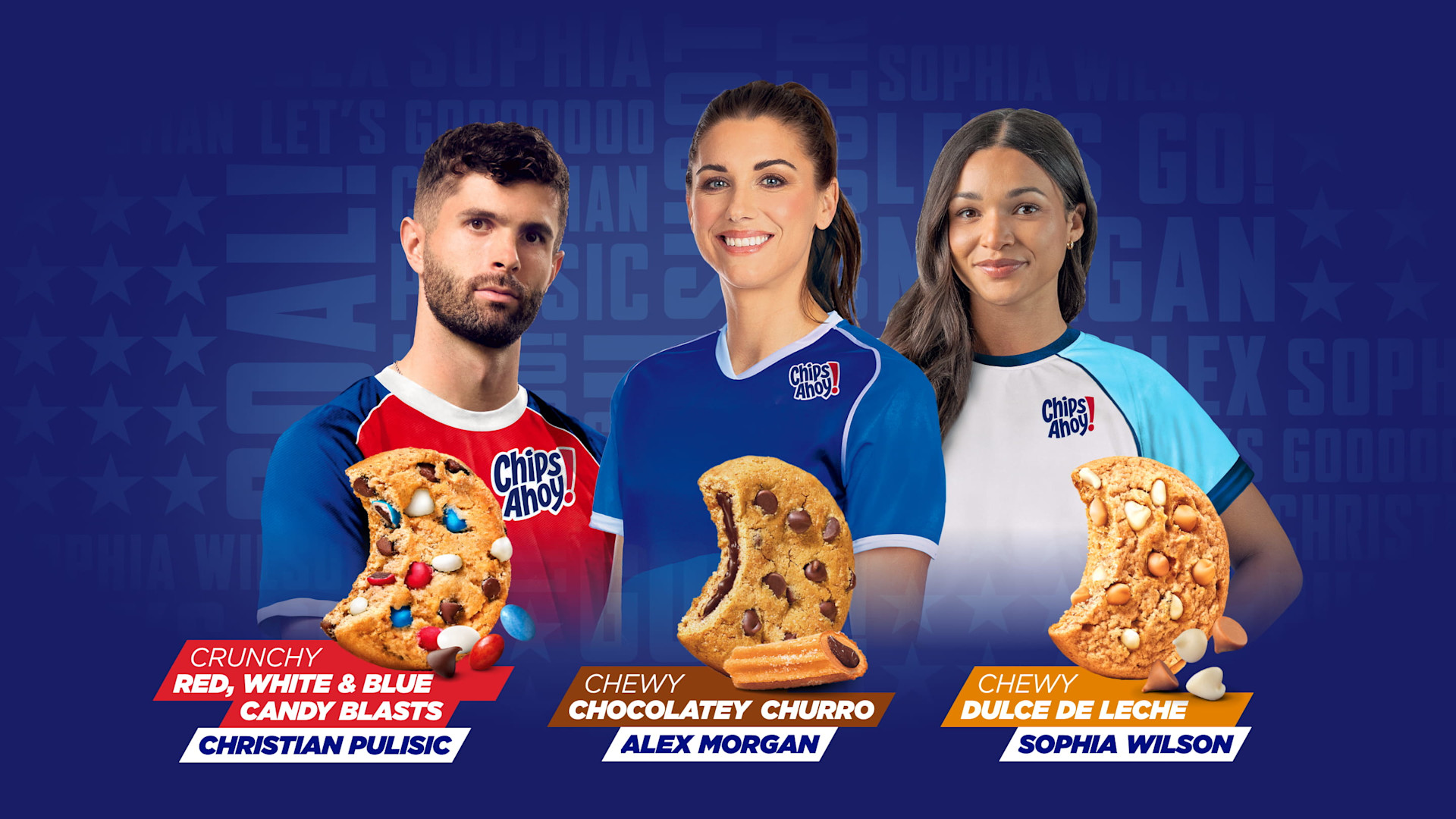 Crunchy: Red, White & Blue Candy Blasts; Chirstian Pulisic - Chewy: Chocolatey Churro; Alex Morgan - Chewy: Dulce de Leche; Sophia Wilson