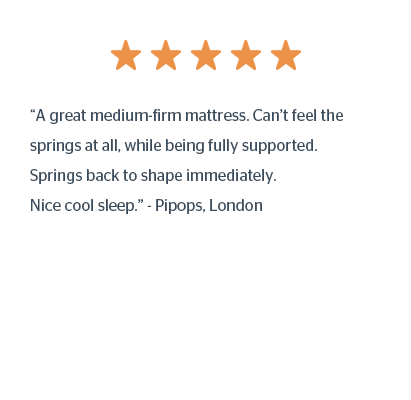 “A great medium-firm mattress. Can’t feel the springs at all, while being fully supported. Springs back to shape immediately. Nice cool sleep.” - Pipops, London