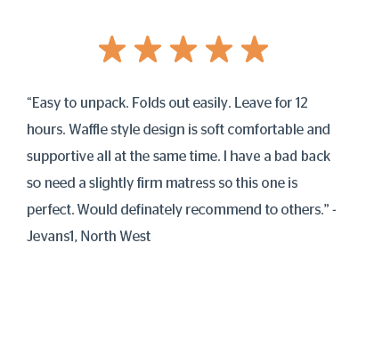 “Easy to unpack. Folds out easily. Leave for 12 hours. Waffle style design is soft comfortable and supportive all at the same time. I have a bad back so need a slightly firm matress so this one is perfect. Would definately recommend to others.” - Jevans1, North West