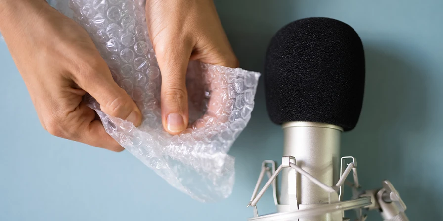 Hands popping bubble wrap next to a microphone