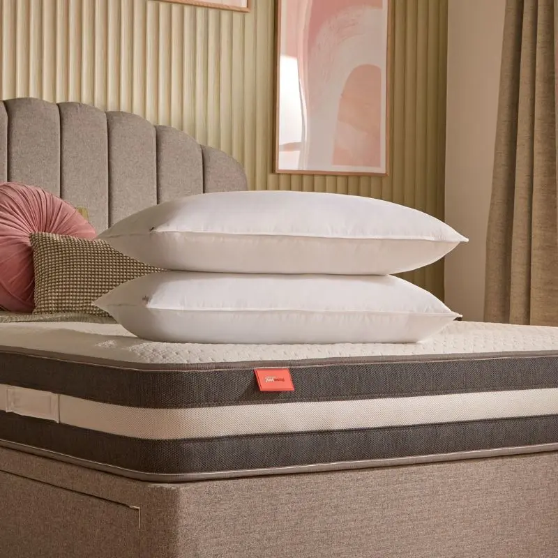 Two Premium Pillows stacked on top of each other on a premium bed and mattress. 
