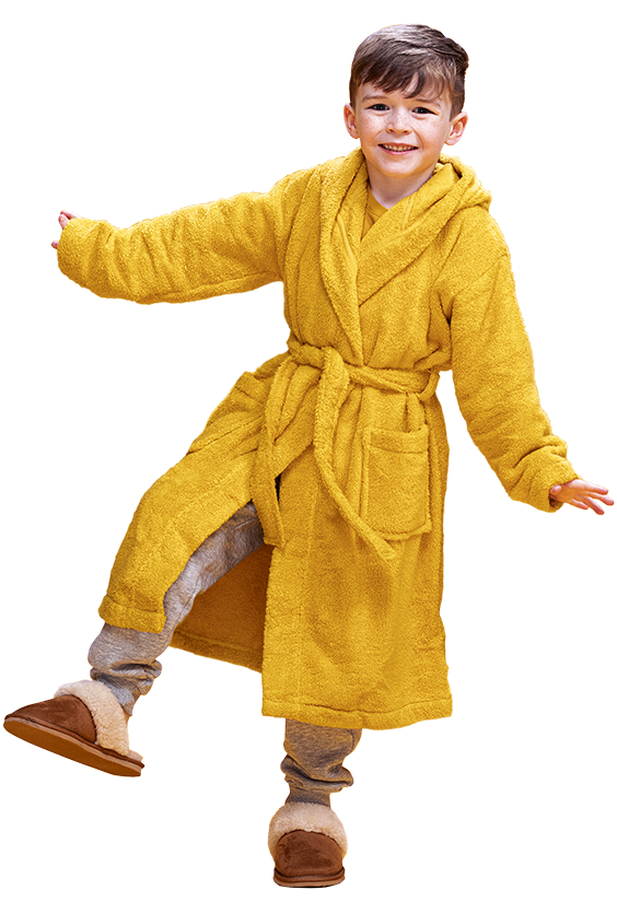 A child in a yellow dressing gown and red slippers