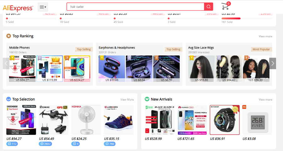 Top ranking products on AliExpress