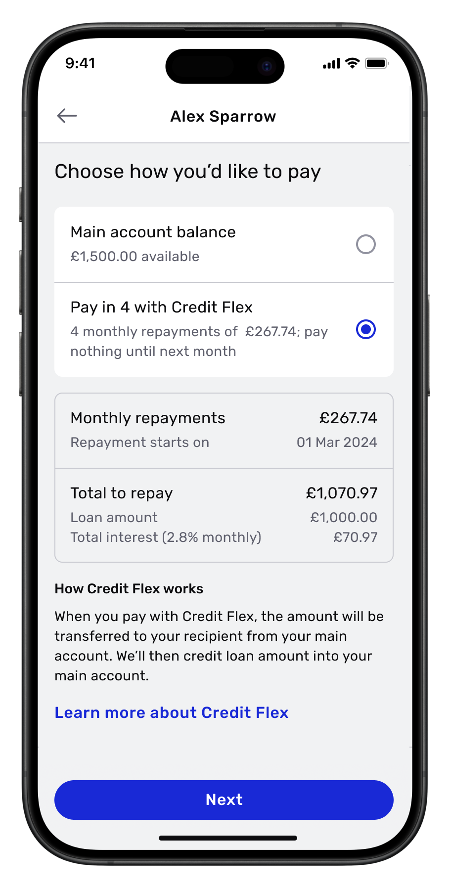 Choose how you'd like to pay with Credit Flex