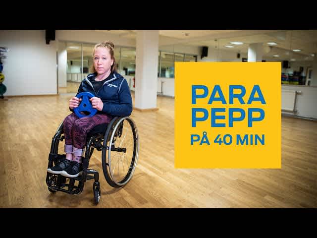 Bild på en kvinna i rullstol som håller i en träningsvikt. En gul ruta med texten Parapepp på 40 minuter.