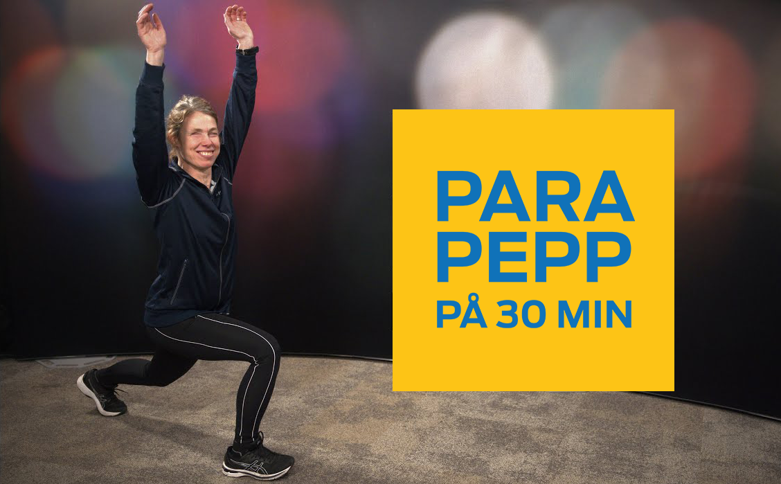 En stillbild från balanspasset med Anna Nilsson från inspelningsstudion. En logotyp med texten ParaPepp på 30 minuter täcker halva bilden.