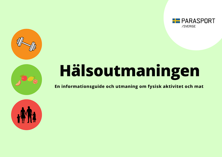 En grön bild med rubrik hälsoutmaningen. En informationsguide och utmaning om fysisk aktivitet och kost. Tre symboler på vänster sida som visar en hantel, grönsaker och en familj.