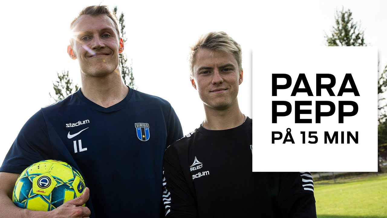 Två män står bredvid varandra, ler och tittar in i kameran. Den ena håller i en fotboll. Bredvid dem är en ruta där det står Parapepp på 15 minuter. 