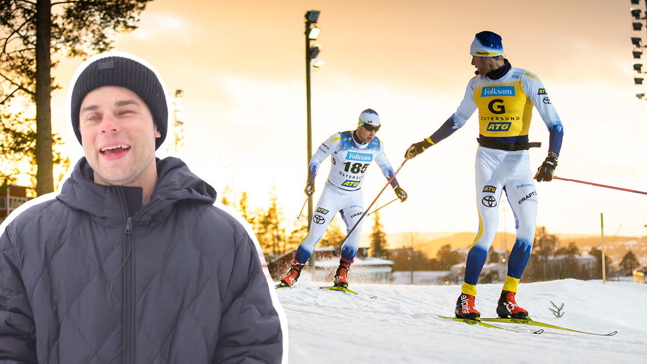 I bakgrund en bild på Zebastian med guide som åker skidor i solnedgång. I förgrunden en urklippt bild på Zebastian Modin från intervjun: en man med svart jacka och mössa.