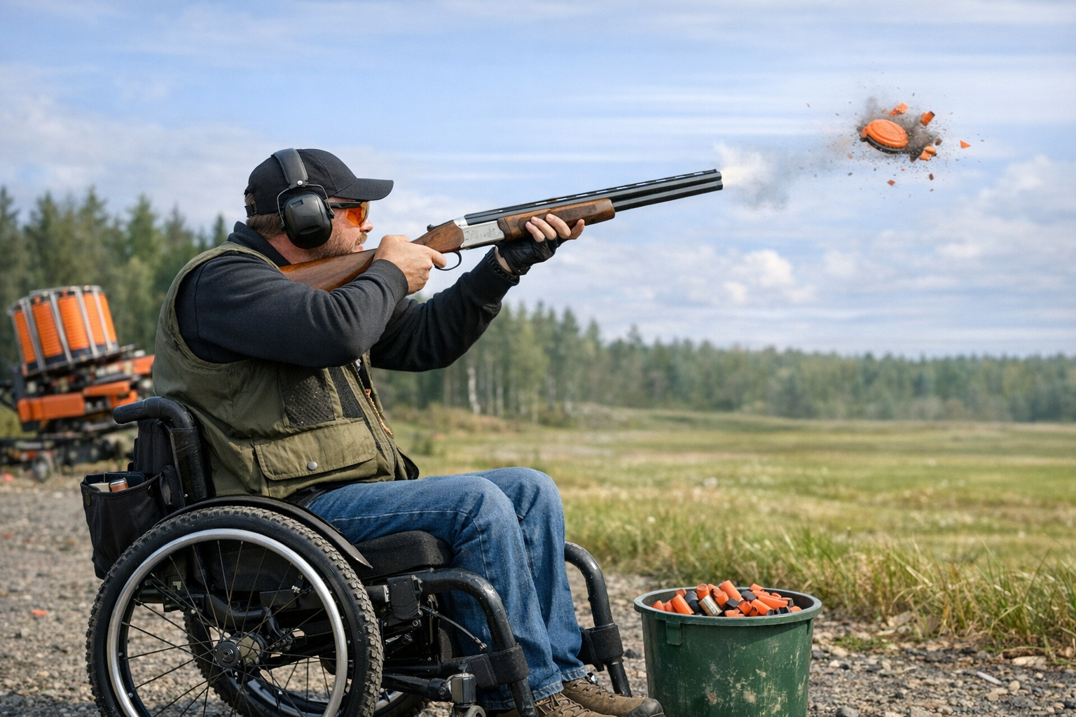En person i rullstol skjuter lerduva.