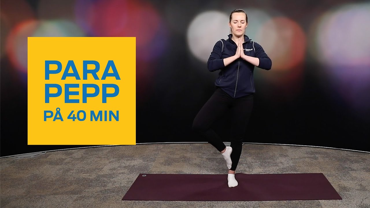 En kvinna står på ett ben. En gul ruta med texten Parapepp på 40 minuter.