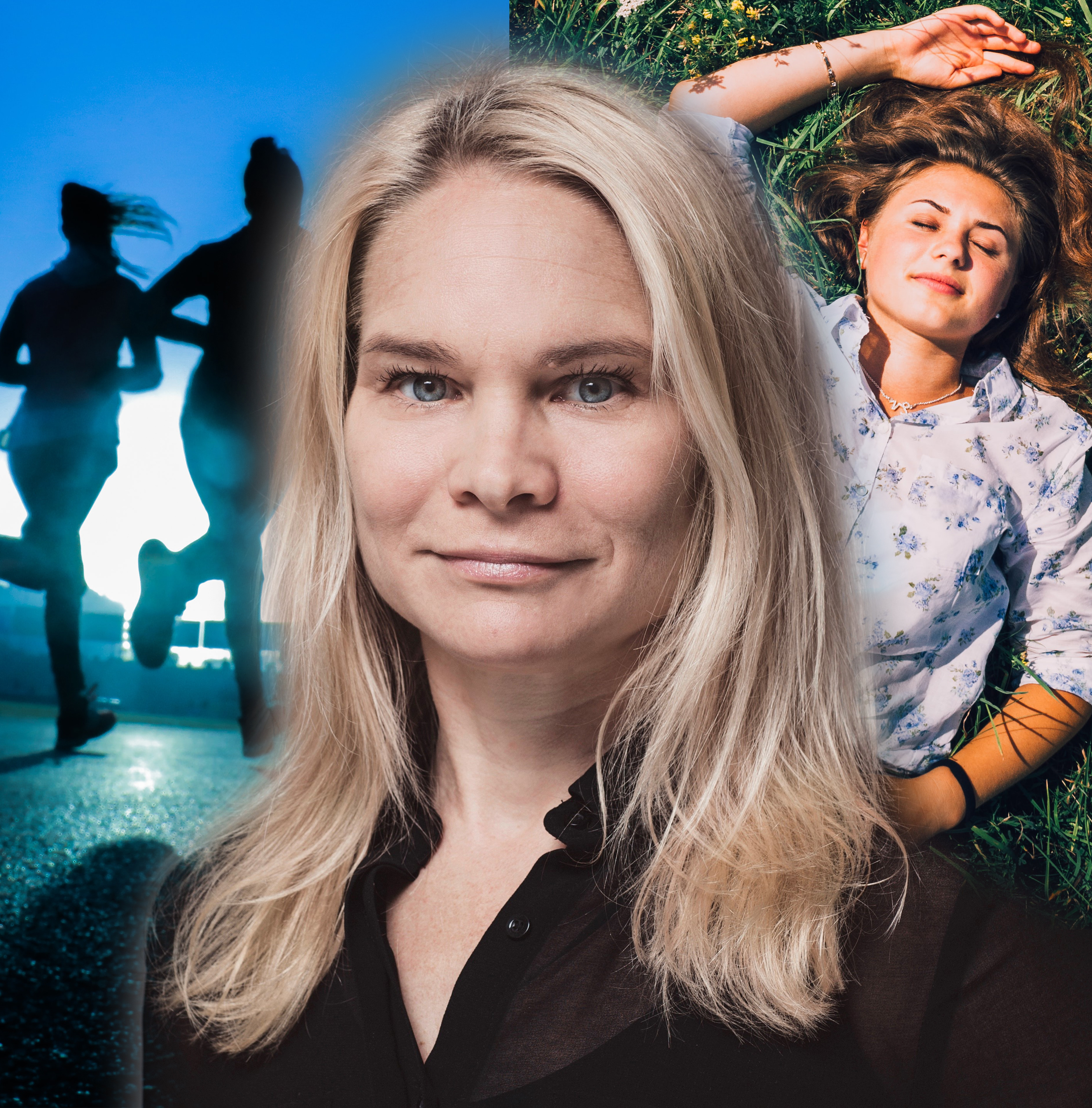 Porträttbild på dietisten Emma. I bakgrunden syns två personer som springer och en person som vilar. Bilden är ett montage.