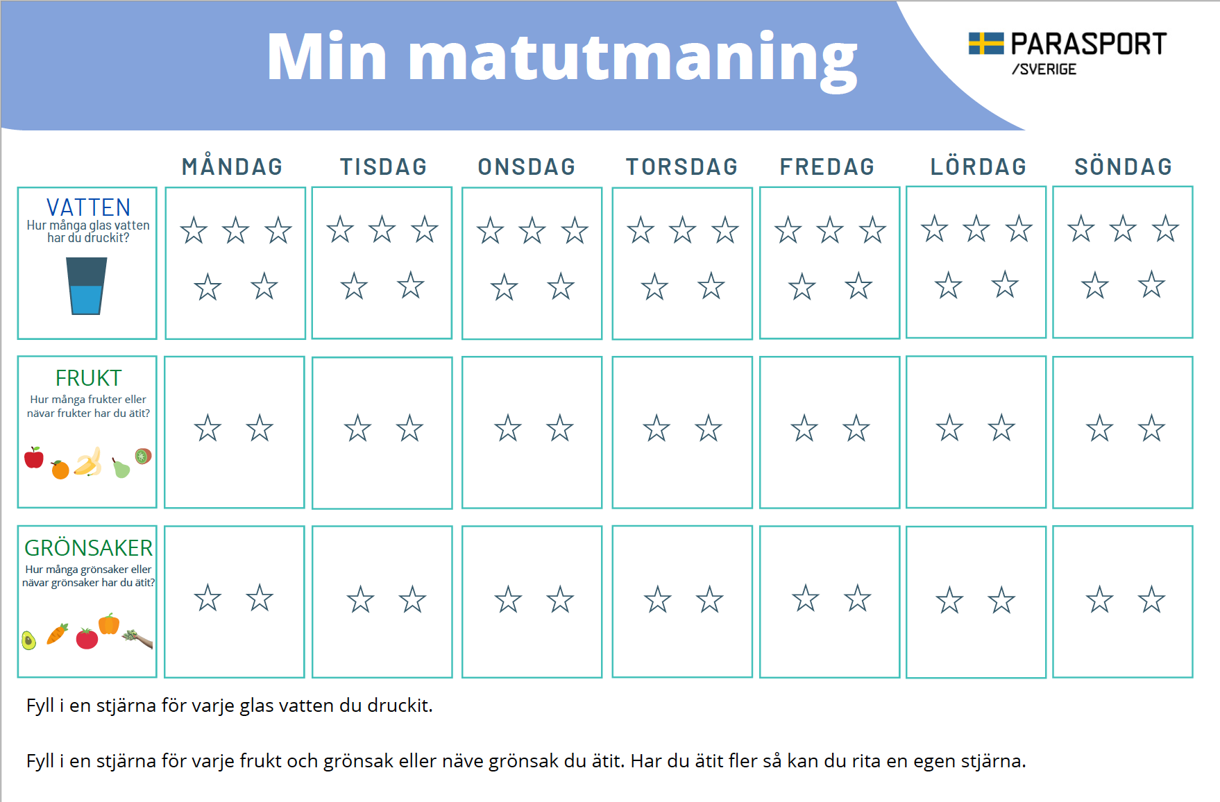 Matutmaningen består av rutor för varje dag i veckan. I rutorna kan man fylla i stjärnor. Målet är att alla stjärnor för varje dag ska vara ifyllda. Då har man fått i sig en bra mängd vatten, frukt och grönsaker.