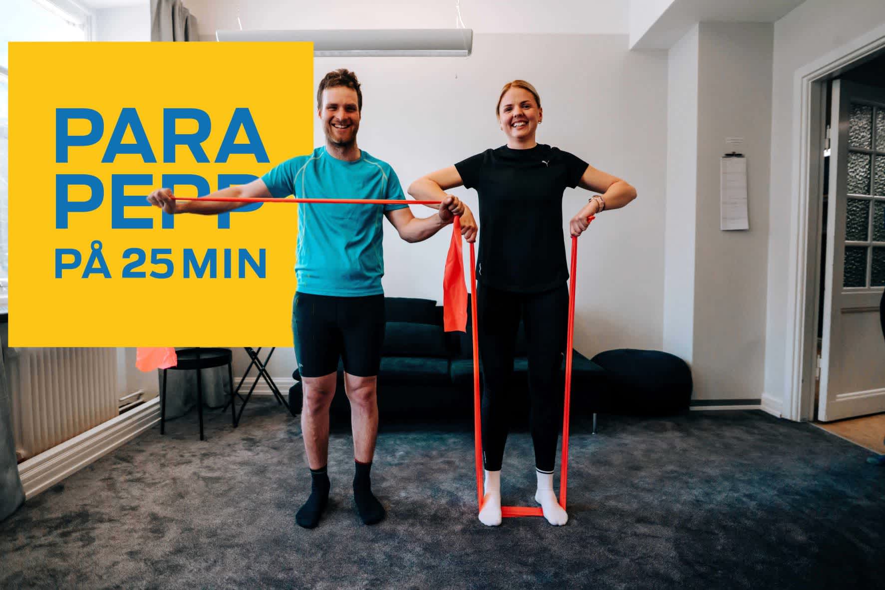 En man och en kvinna står bredvid varandra och utför olika övningar med gummiband. Till vänster, en gul ruta med blå text där det står Parapepp på 25 minuter.