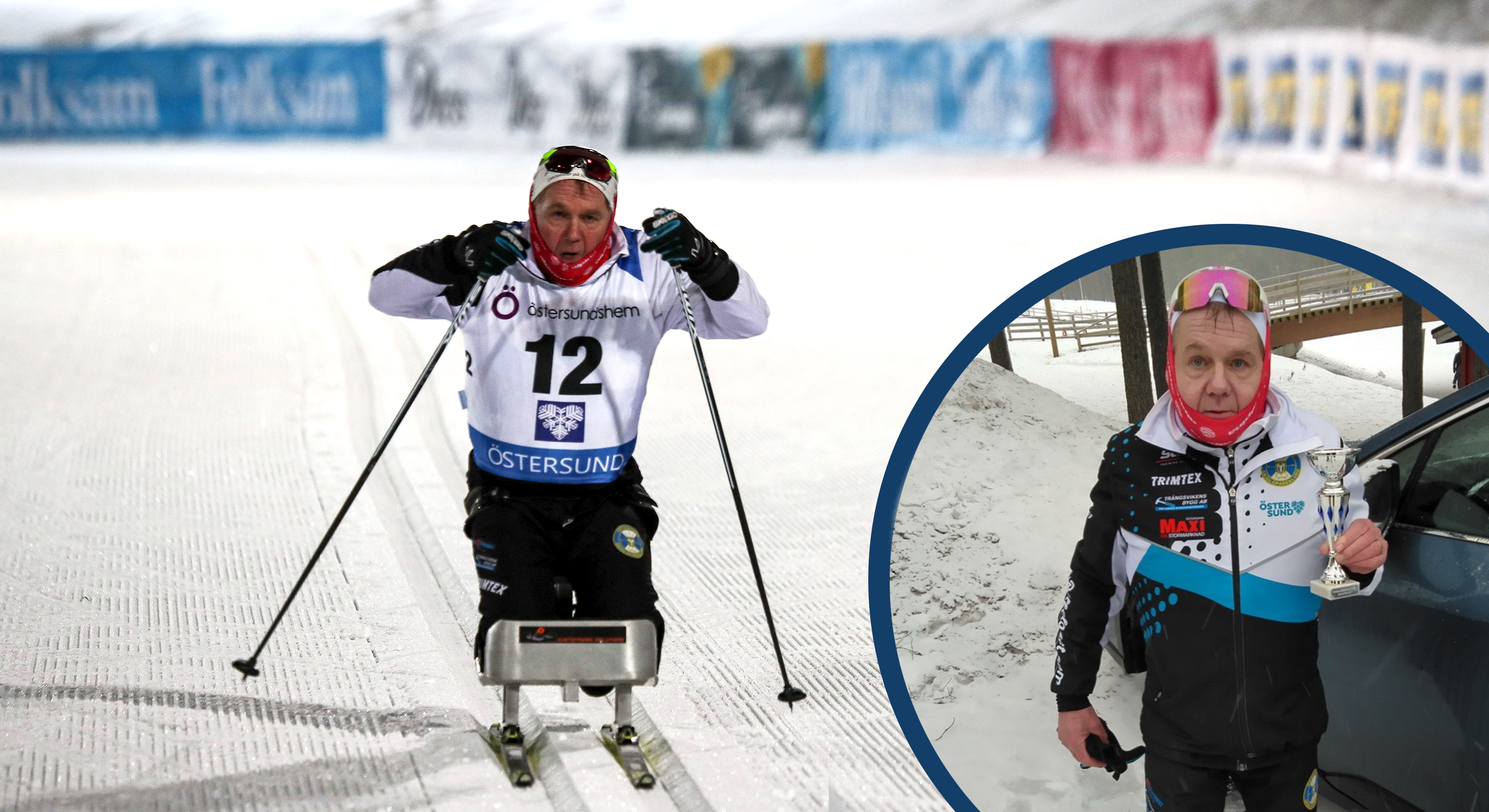 Montage: Kari Palo-Oja på upploppet i Legacyloppet på Östersunds skidstadion. Infälld bild på Kari med pokalen efter vinsten i Paracupen i Finland.