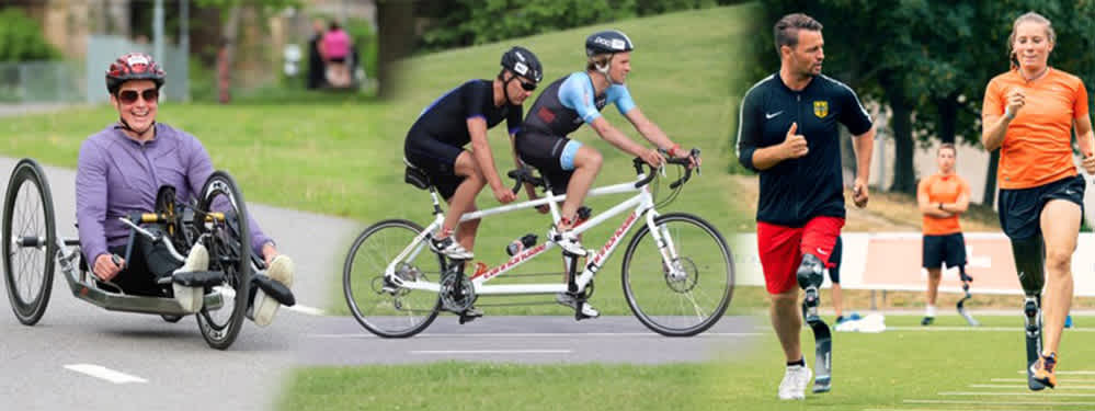 Personer som cyklar och springer.