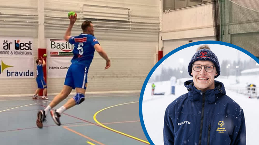 Bild på Isak som hoppar och kastar handbollen. I nedre högra hörnet är en porträttbild på Isak inklippt.