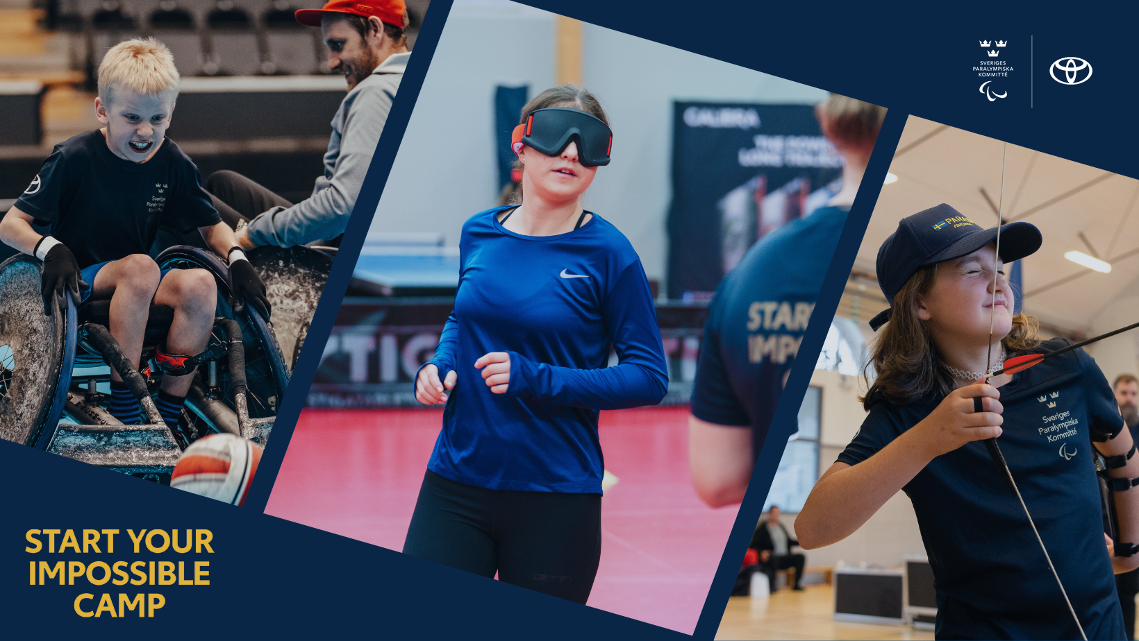 Collage, tre bilder på blå bakgrund. Bild 1: Kille i rullstolsrugbystol som jagar en boll. Bild 2: Ung kvinna med ögonbindel, mitt i löpsteget i en idrottshall. Bild 3: Tjej med keps spänner pilbågen och siktar med ena ögat stängt.
