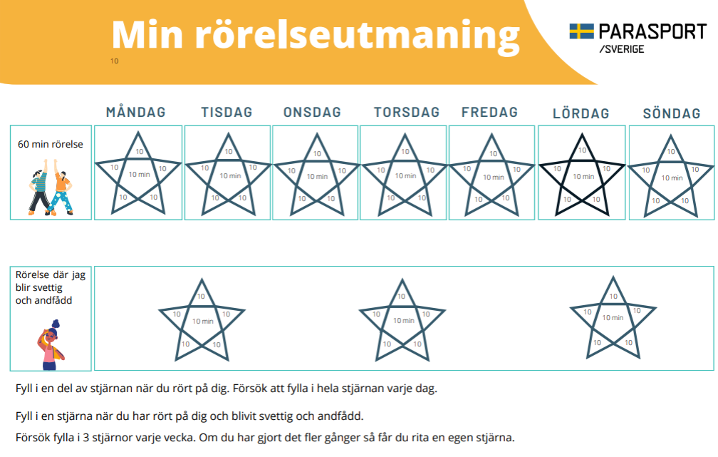 Rörelseutmaning där du kan fylla i fält på en stjärna för varje tio minuter du rört på dig.