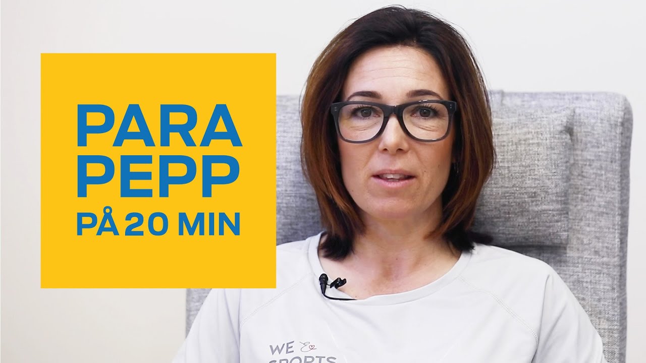 En kvinna sitter i en fåtölj. Hon kollar in i kameran. I en gul ruta me blå text står det ParaPepp på 20 minuter.