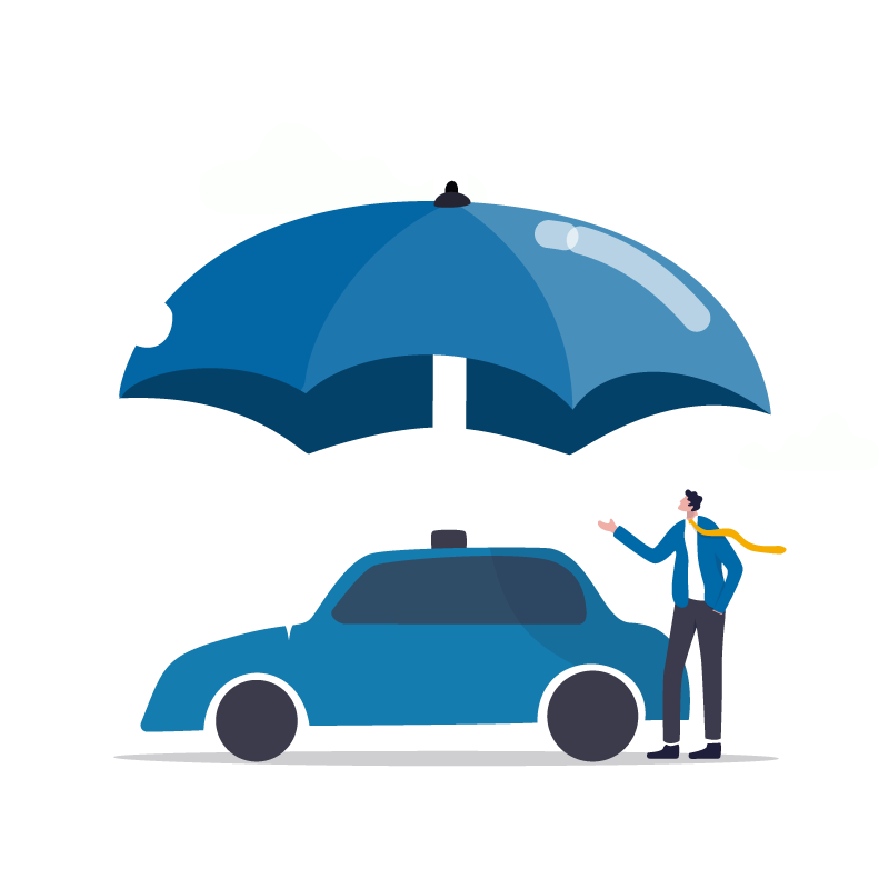 Motoring Solicitor standing beside a nice blue car under a strong umbrella protection shield
