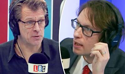 Split picture of LBC Radio host Andrew Castle and Joseph Kotrie-Monson talking to microphones