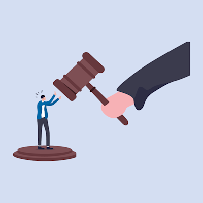 small man standing judge hitting a gavel