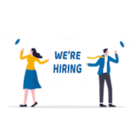 a man and woman holding a paper with slogan we are hiring