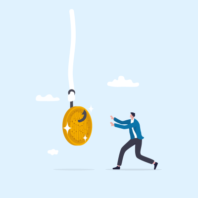 man running after a coin on a hook with background