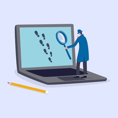 man looking something hidden from the laptop with a magnifier with background